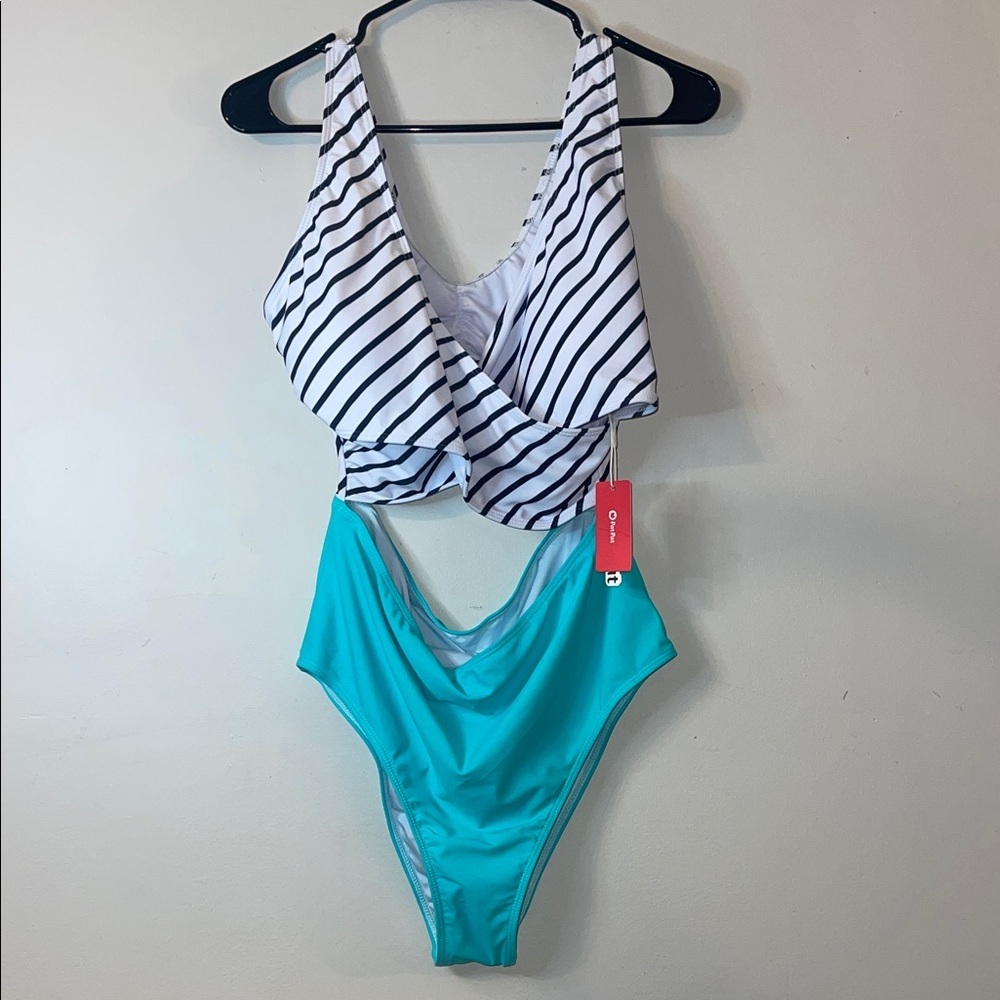 PatPat Faux Wrap Swimsuit L NWT Teal Black White Striped Monokini Cutout 12 #306